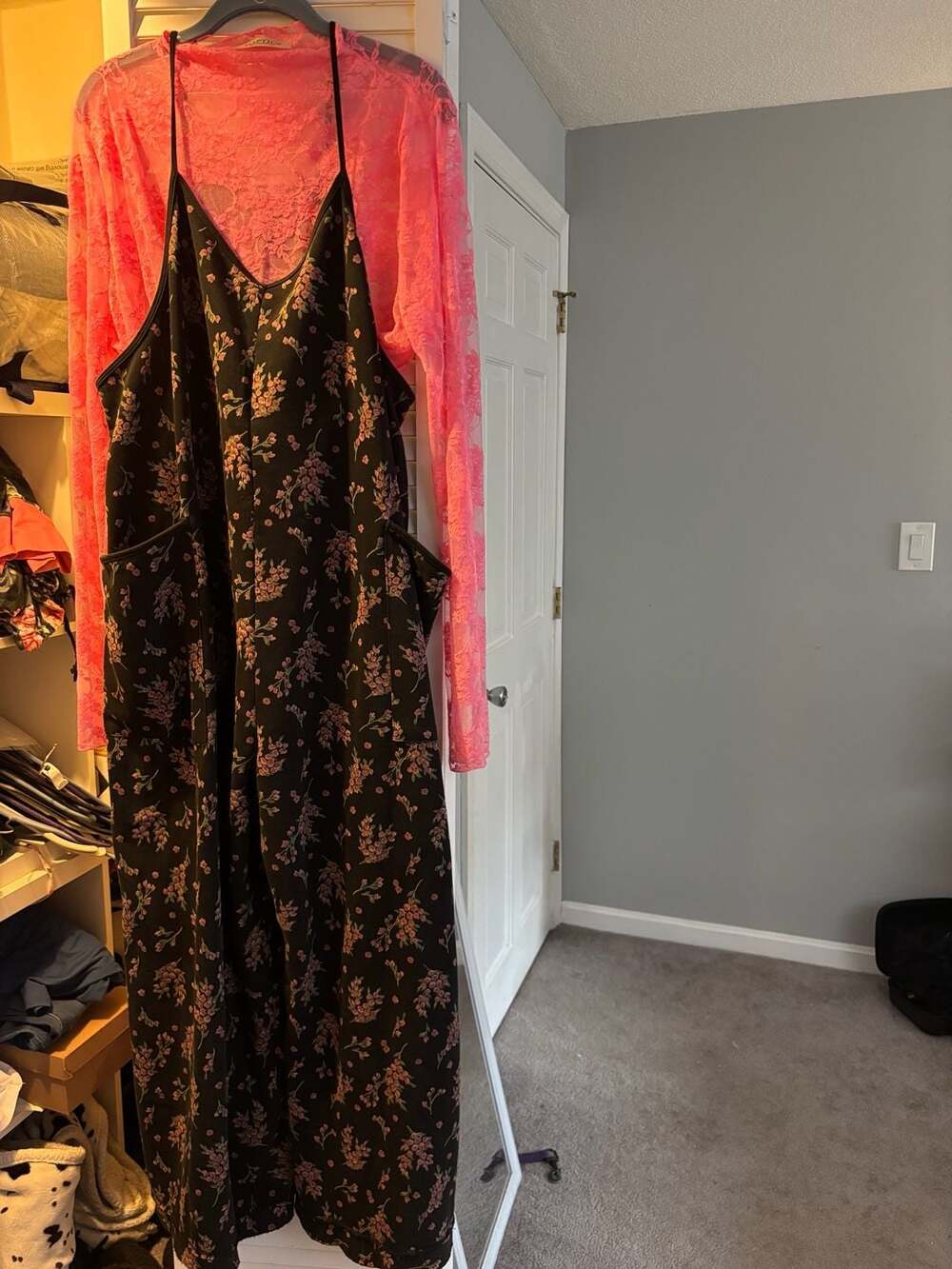 Easel Floral Jumpsuit Size L Black Pink Wide Leg Overalls